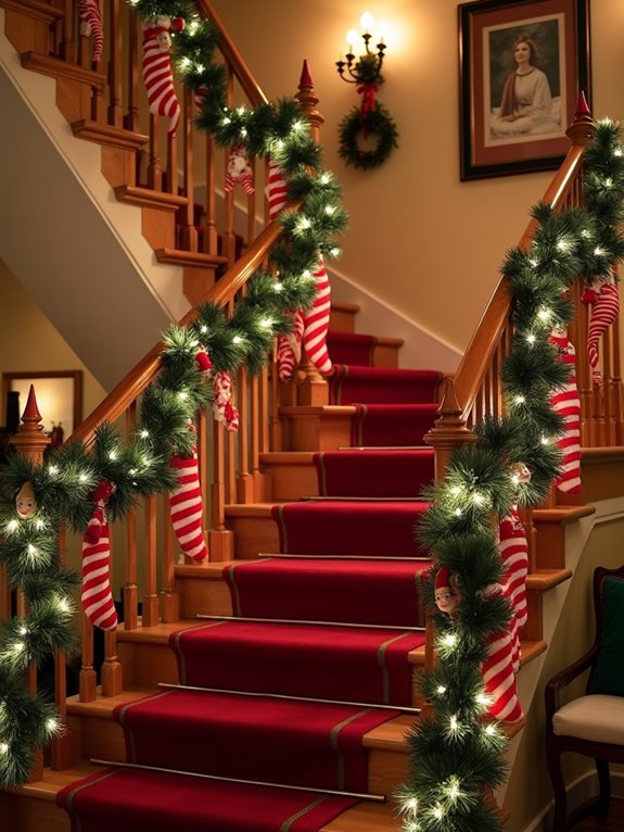elf themed festive staircase decor