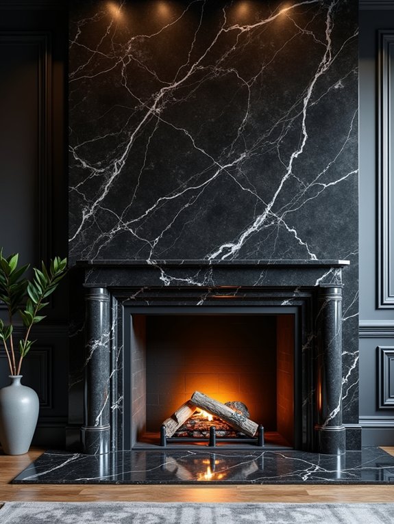 luxurious black marble fireplace