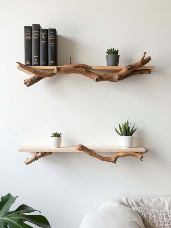 natural wood branch shelves