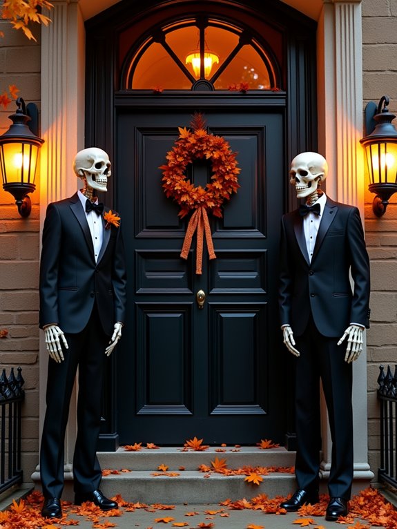 skeletons greet trick or treaters