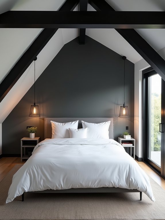 sleek monochrome attic bedroom