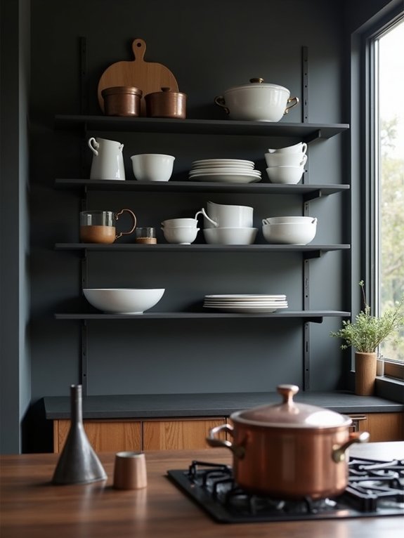 striking black open shelving