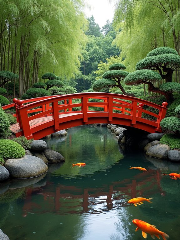 vermillion red garden bridge