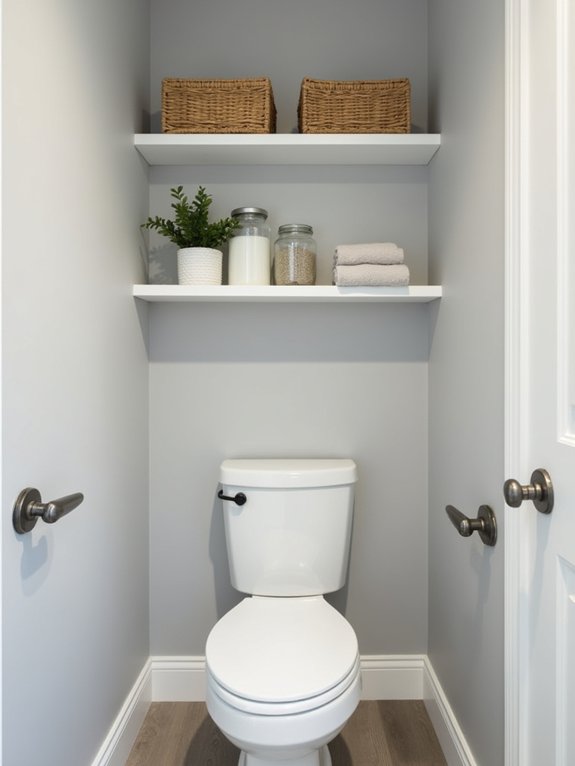 vertical storage above toilet