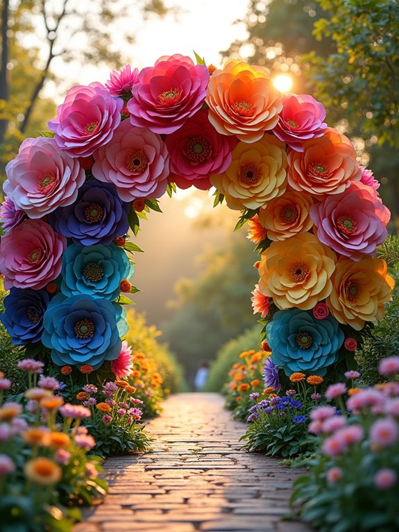 vibrant rainbow flower archway