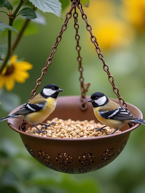 vintage colander bird feeder