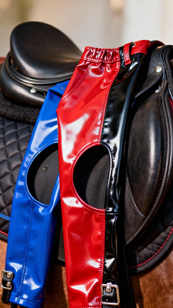 bold color blocked vinyl chaps