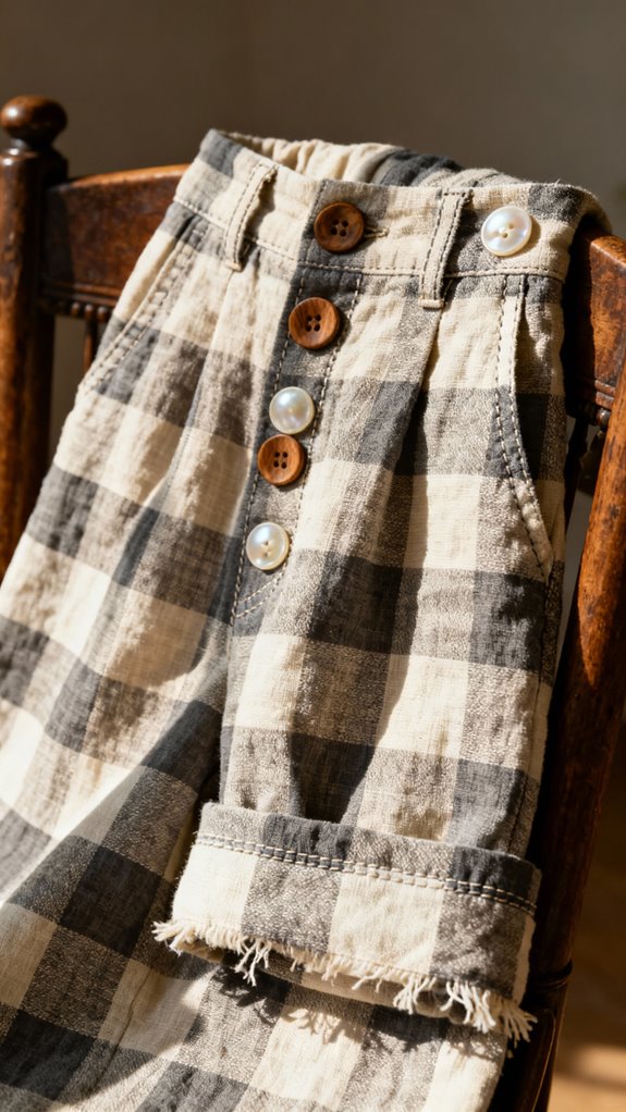 checked linen wide leg pants
