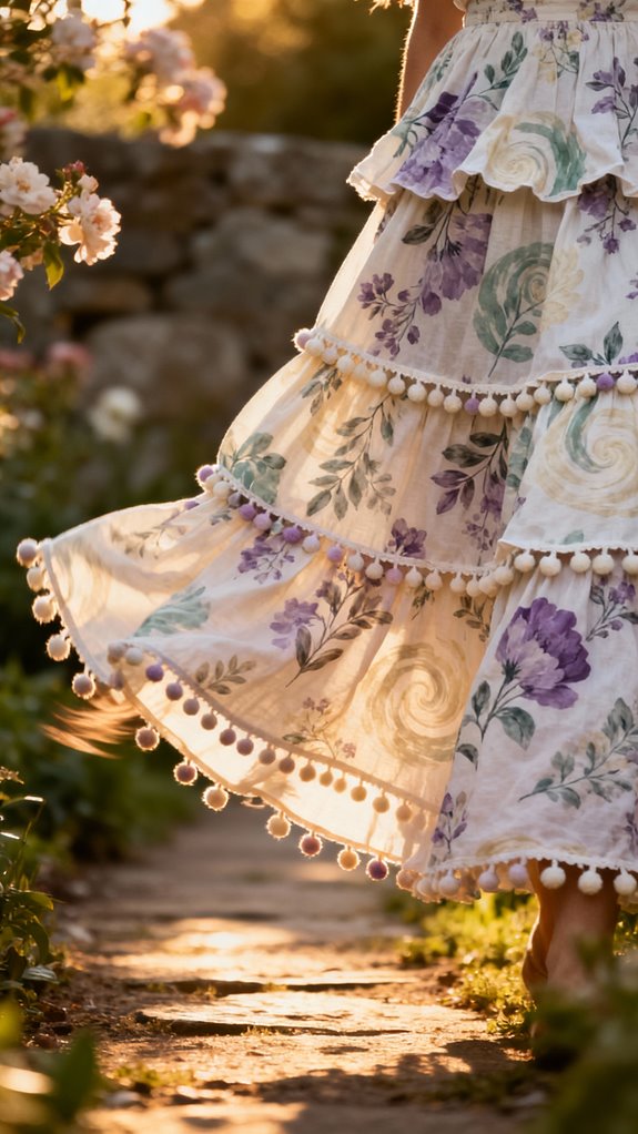 floral skirt with pom poms