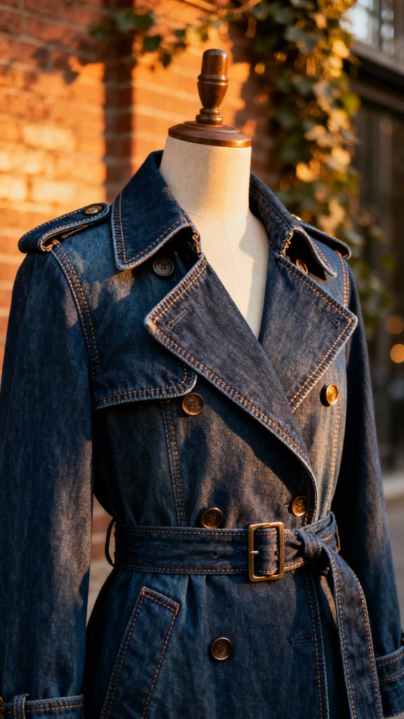 topstitched denim trench coat