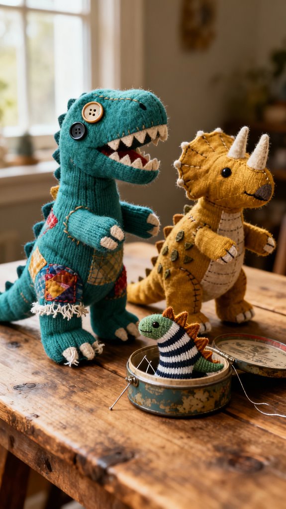 upcycled glove dinosaur plushies