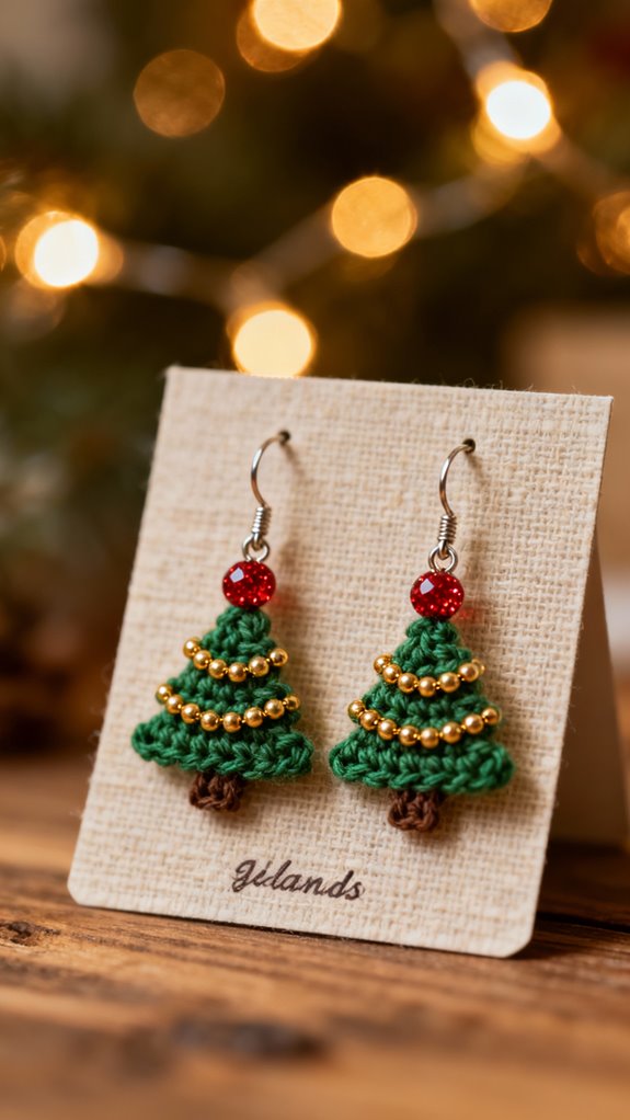 crocheted festive tree earrings