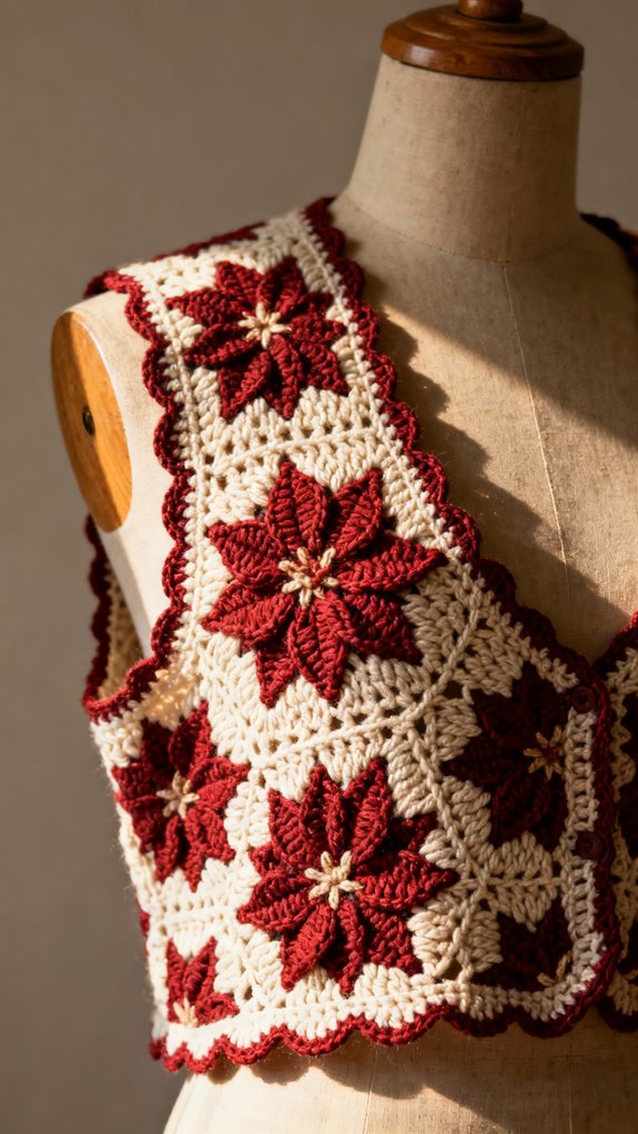 crocheted poinsettia motif vest