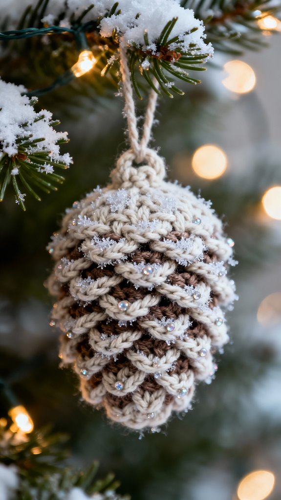 frosted pinecone crochet ornament
